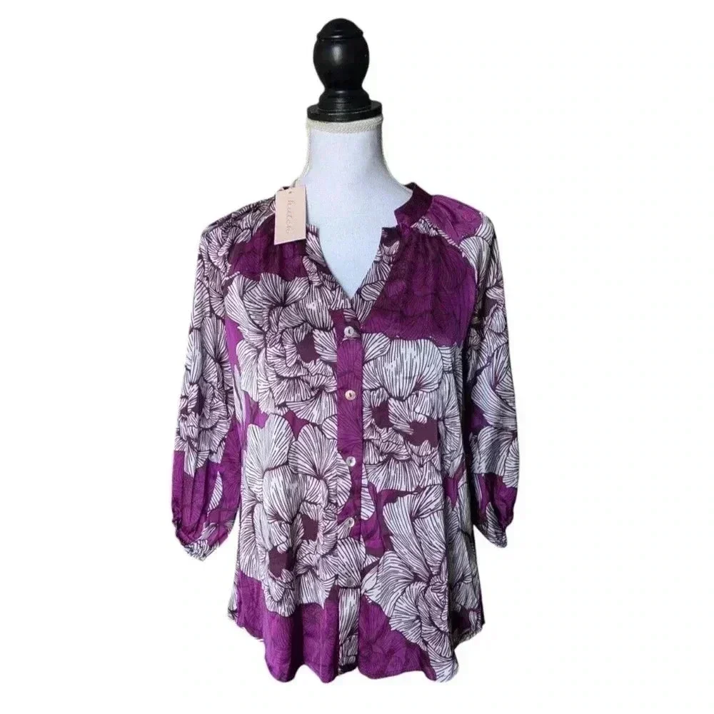Hutch Design Westbrooke Fuchsia Fine Line Floral V Neck Blouse New Size Xs $167